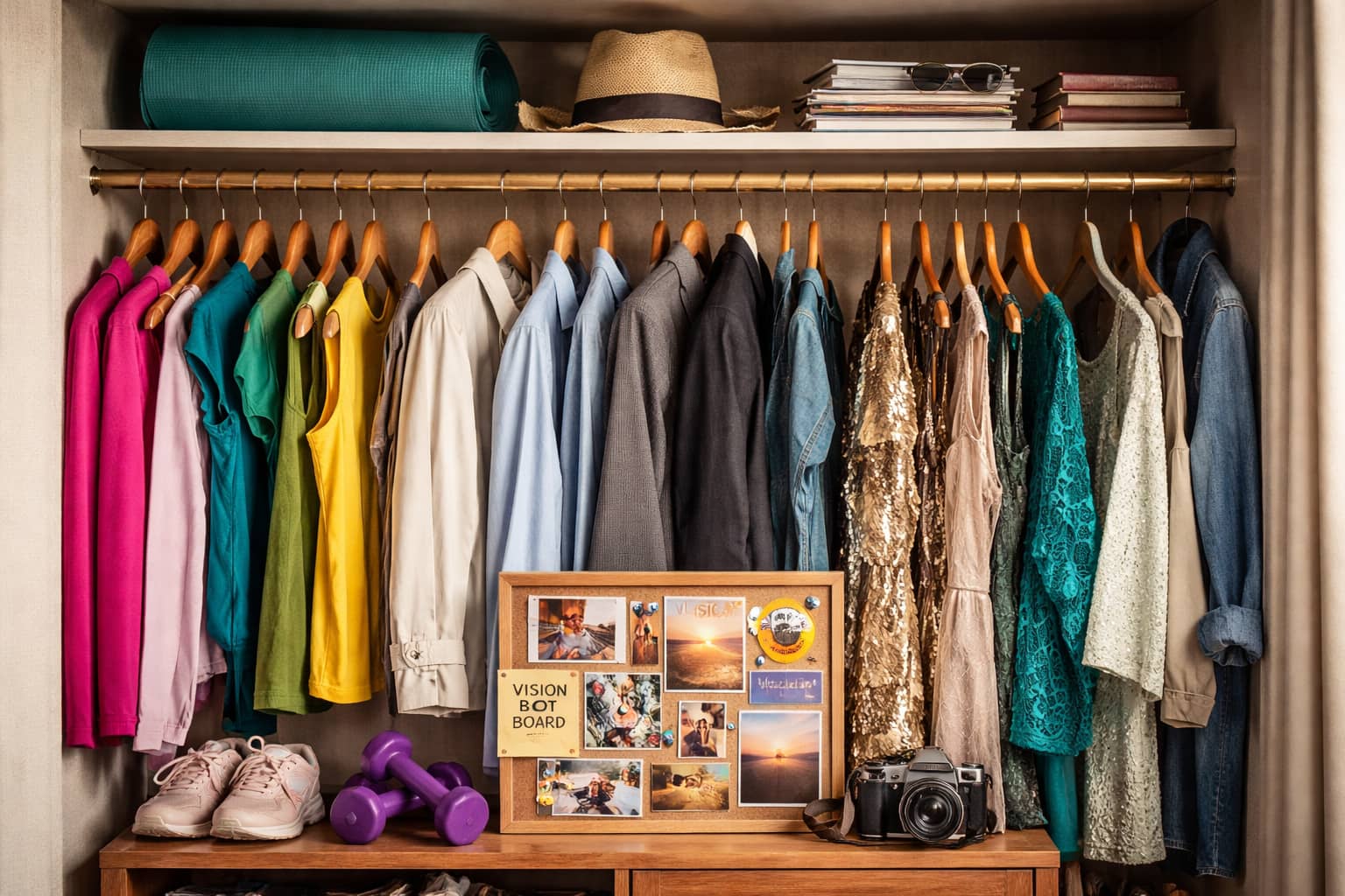A neatly arranged closet with hangers, shelves, and folded items
