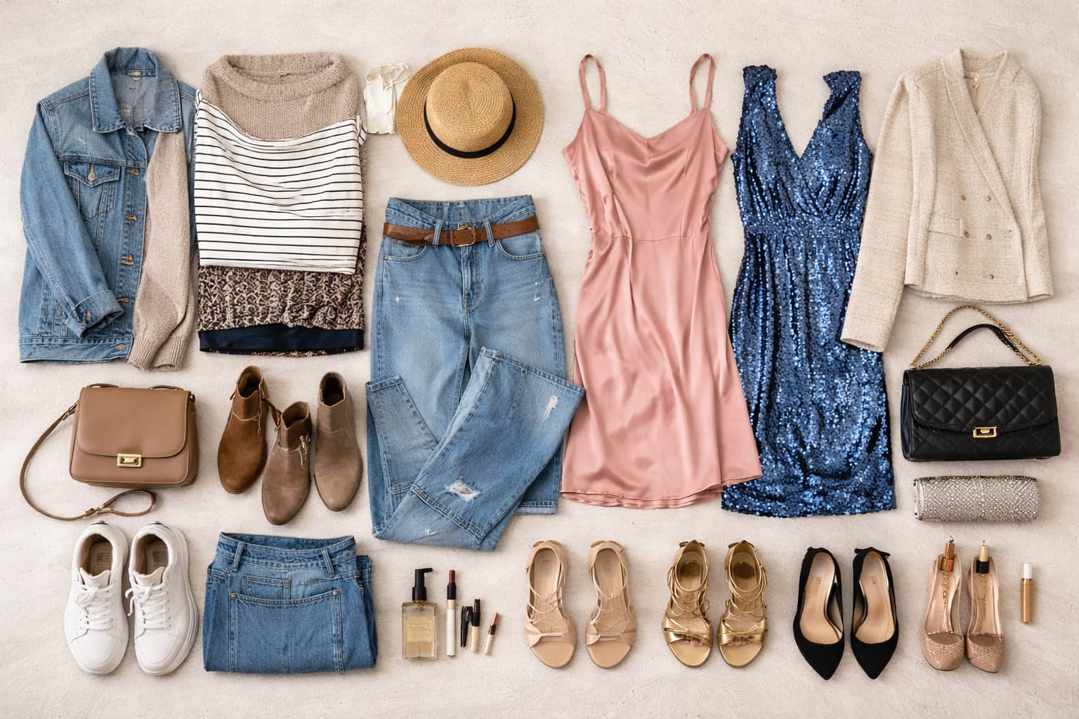 A flat lay of outfits showing casual staples alongside rarely worn statement pieces