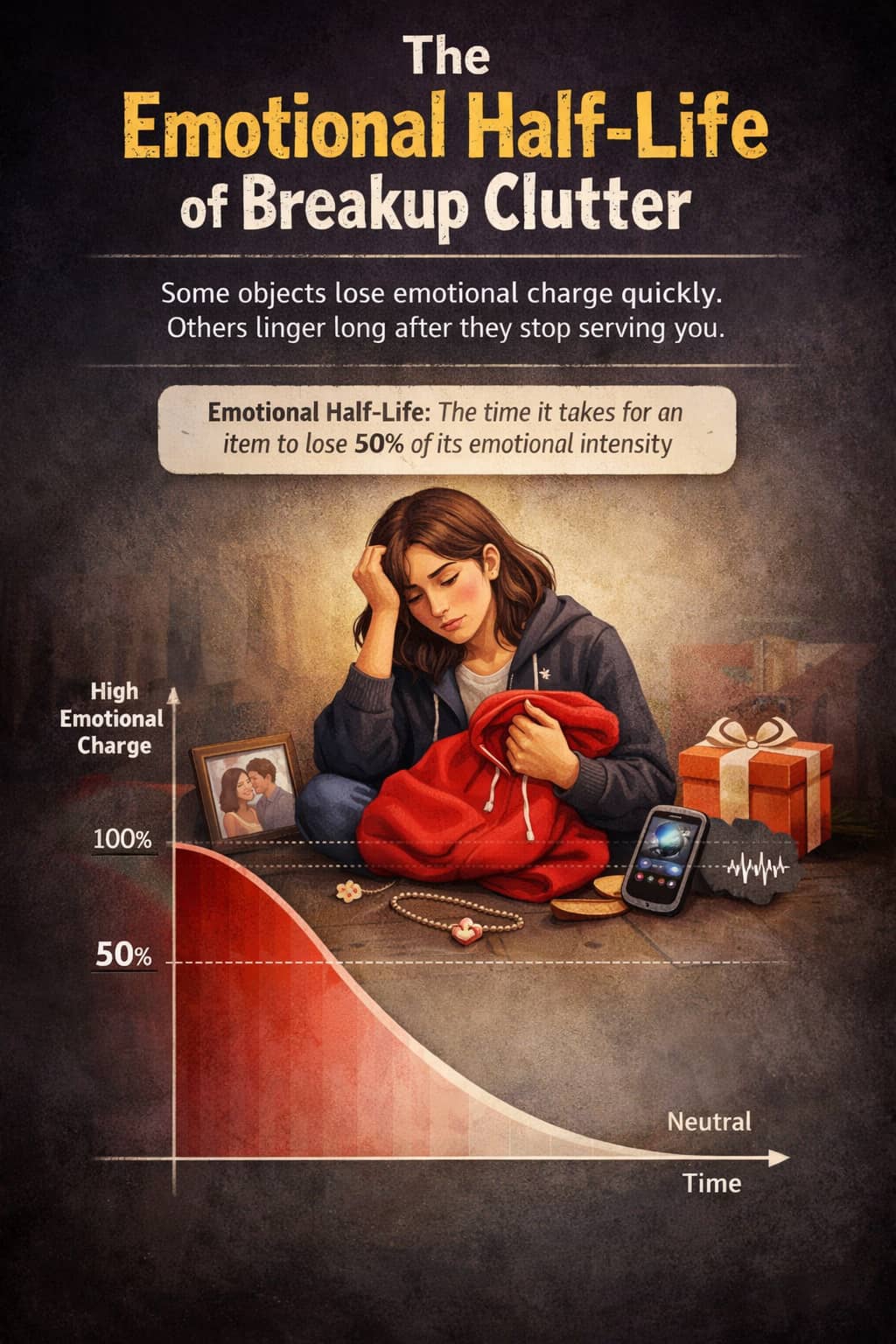 Illustration of a box of breakup-related items with a gentle 'hazard label' vibe, like a playful science metaphor.