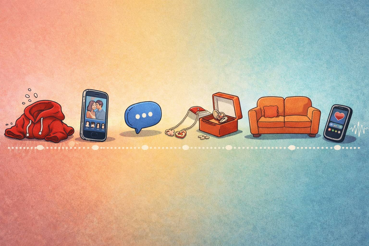 Illustration of breakup objects—hoodie, phone photos, message bubble, jewelry box, sofa, and voice note waveform—arranged like a playful diagram.