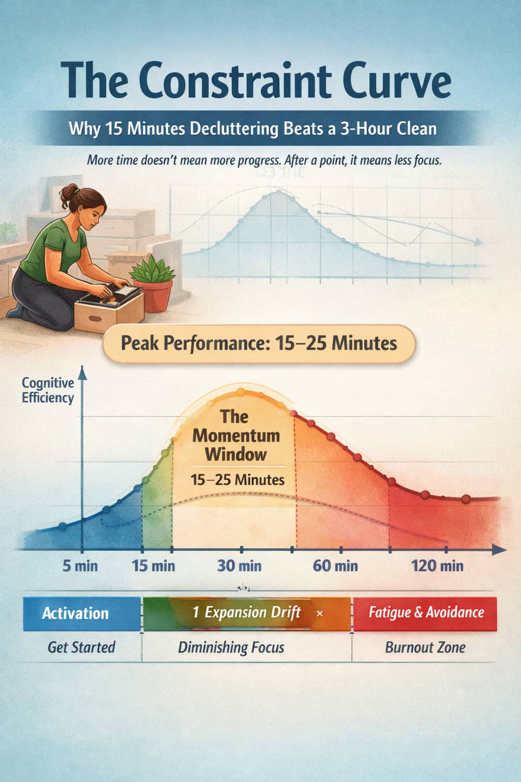 Illustration of a person decluttering with a 15-minute timer and a gentle rise-and-fall curve motif.