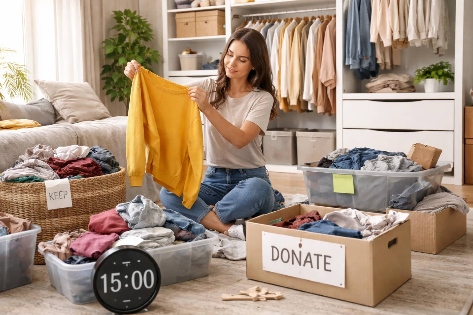 A tidy workspace with a small pile of items being sorted