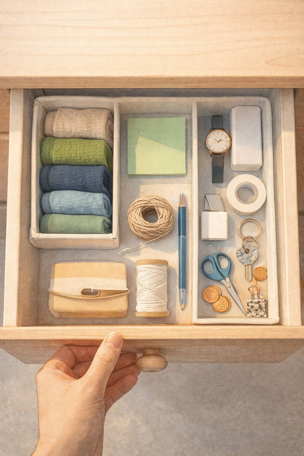 A neatly cleared drawer with a few grouped items, showing a small but complete win.