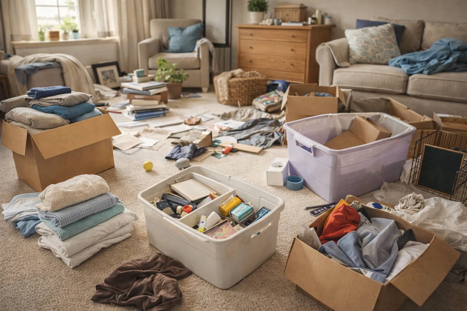 A room mid-clean with piles and open bins, showing a larger project still in progress.