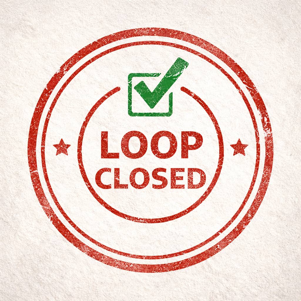 A stamp-style image suggesting closure, completion, or 'loop closed'.