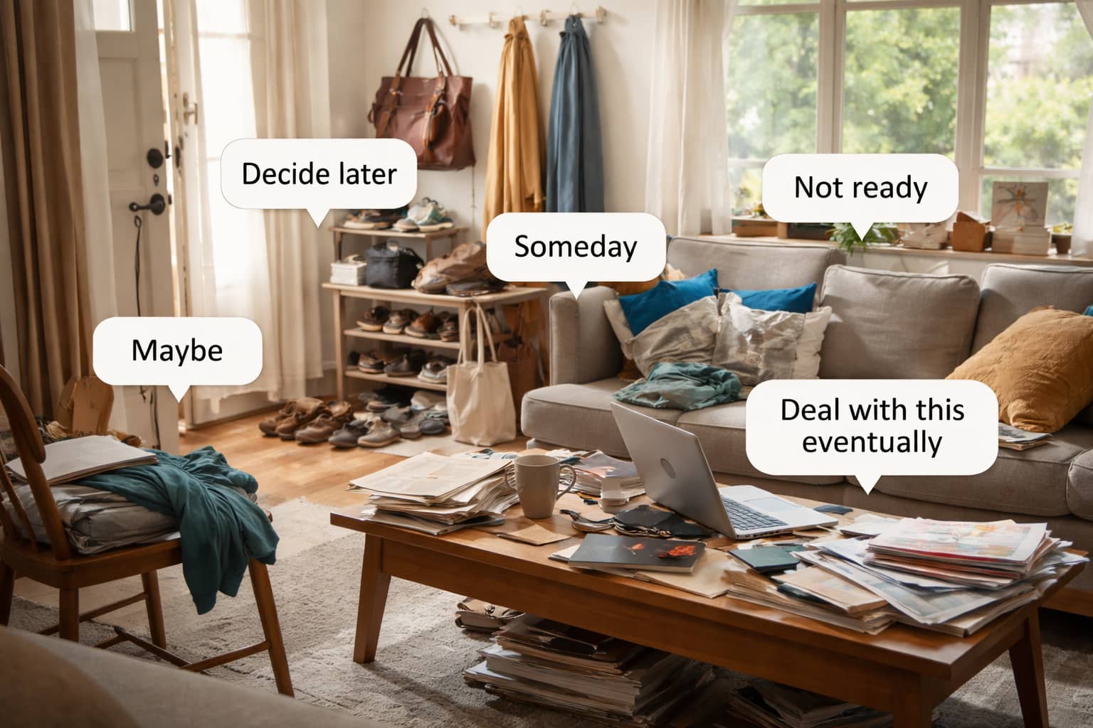 A room scene illustration/photo representing clutter tagged with postponement labels.