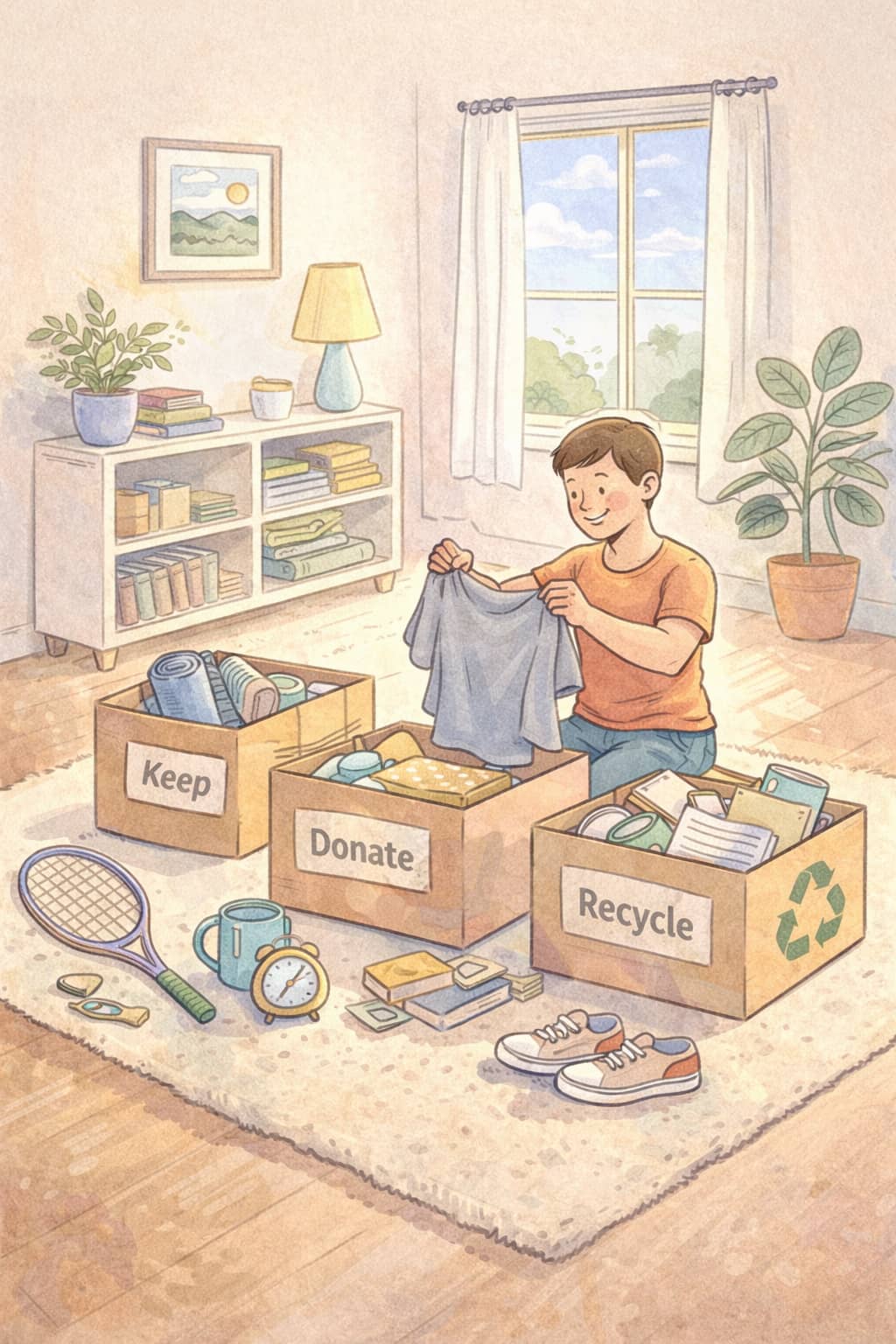 A bright, friendly illustration of a person sorting items into keep, donate, and recycle boxes in a cozy room.