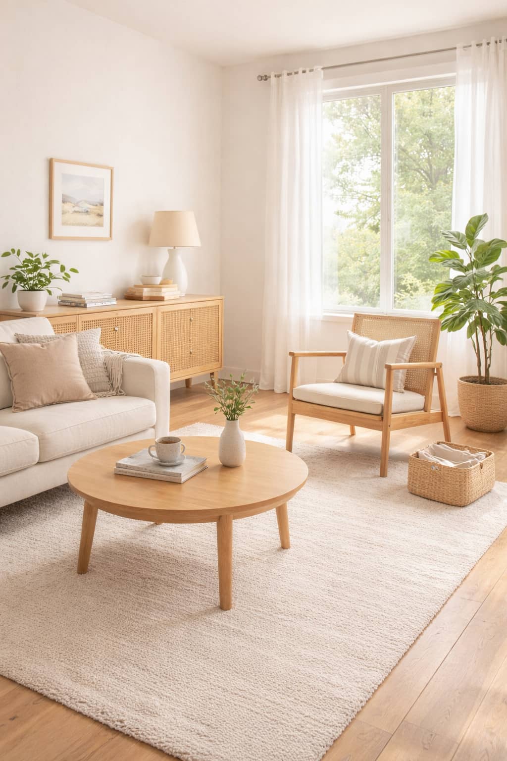 A bright, uncluttered living space with warm light and plenty of open surface area.