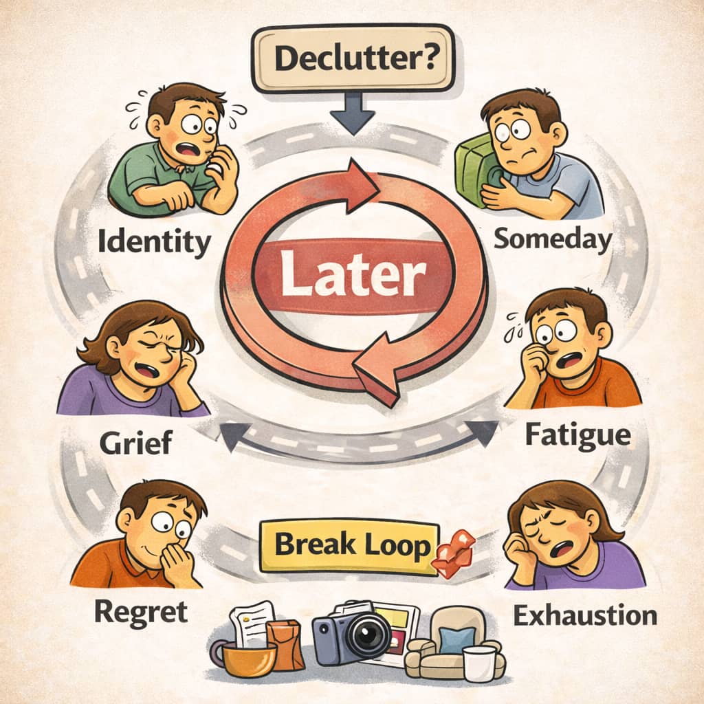 Minimal square infographic showing a Later loop with six emotions around it