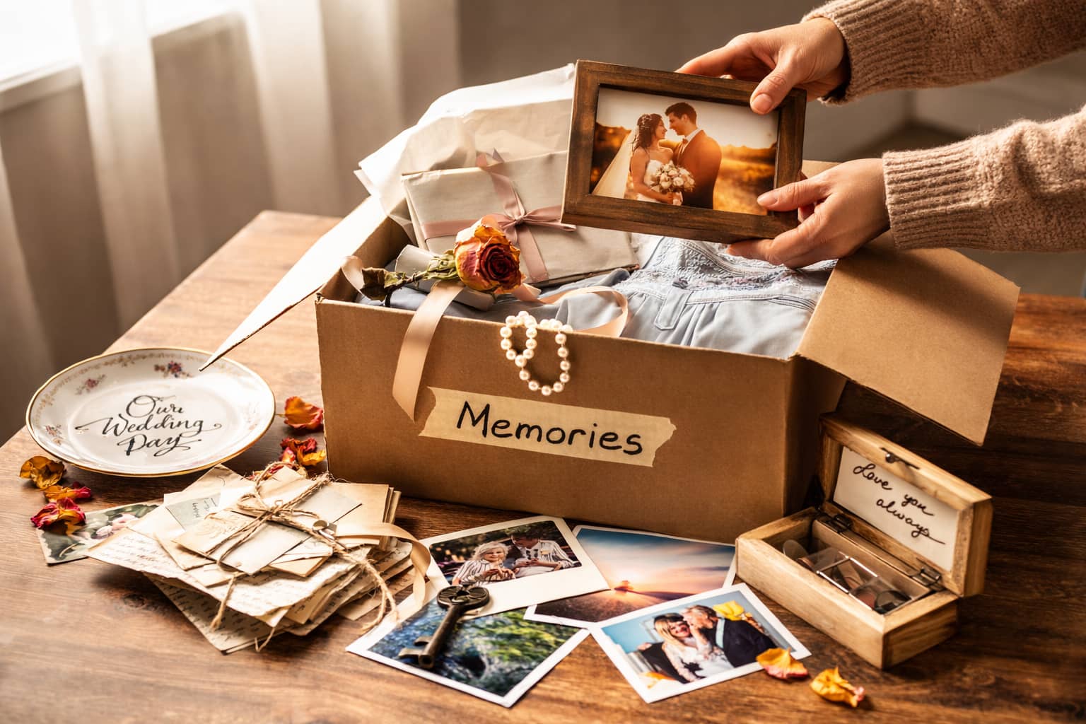 A box of memorabilia or inherited items being sorted carefully