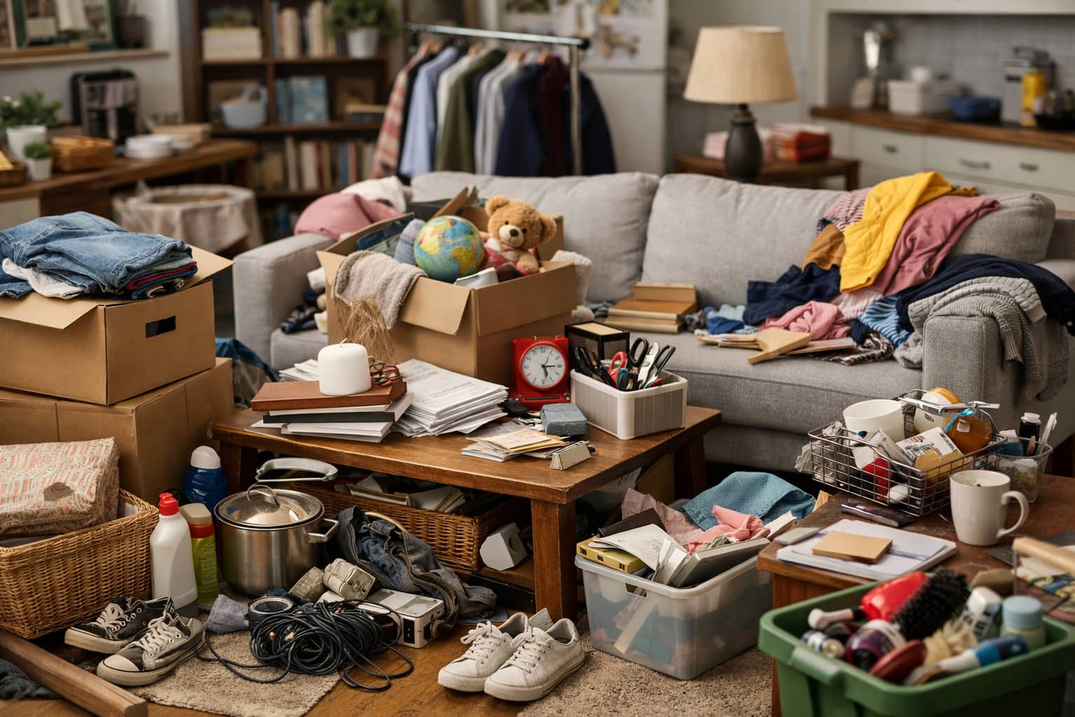 A tidy-to-messy decluttering scene showing a small pile leaving the room.