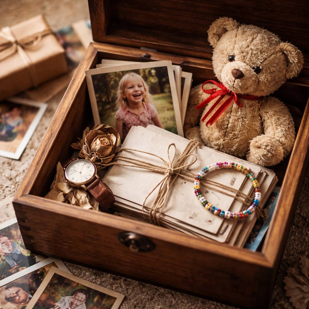 A small box of sentimental items like photos, letters, and keepsakes.