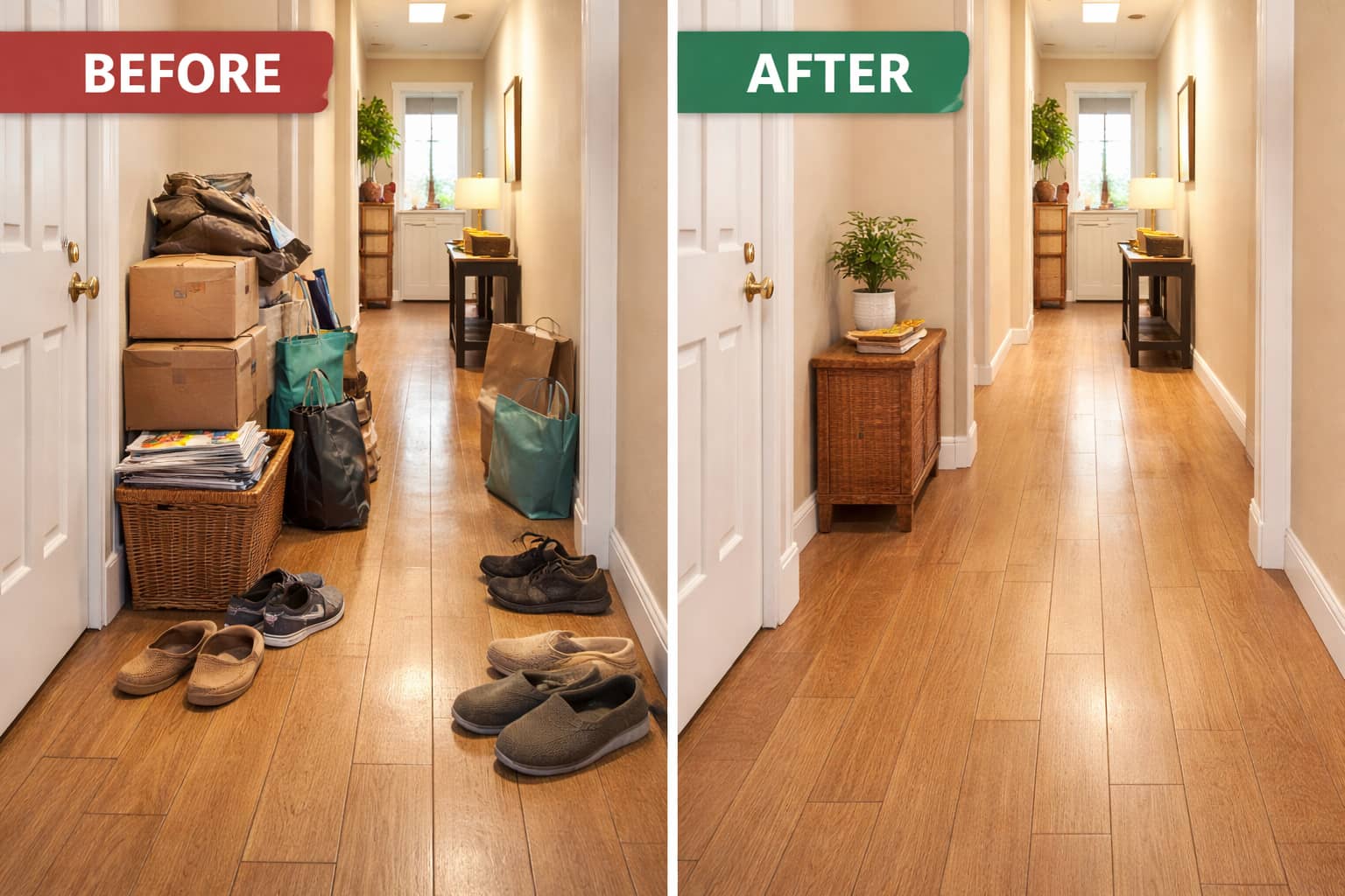 Before and after hallway comparison showing narrowed vs clear walking path