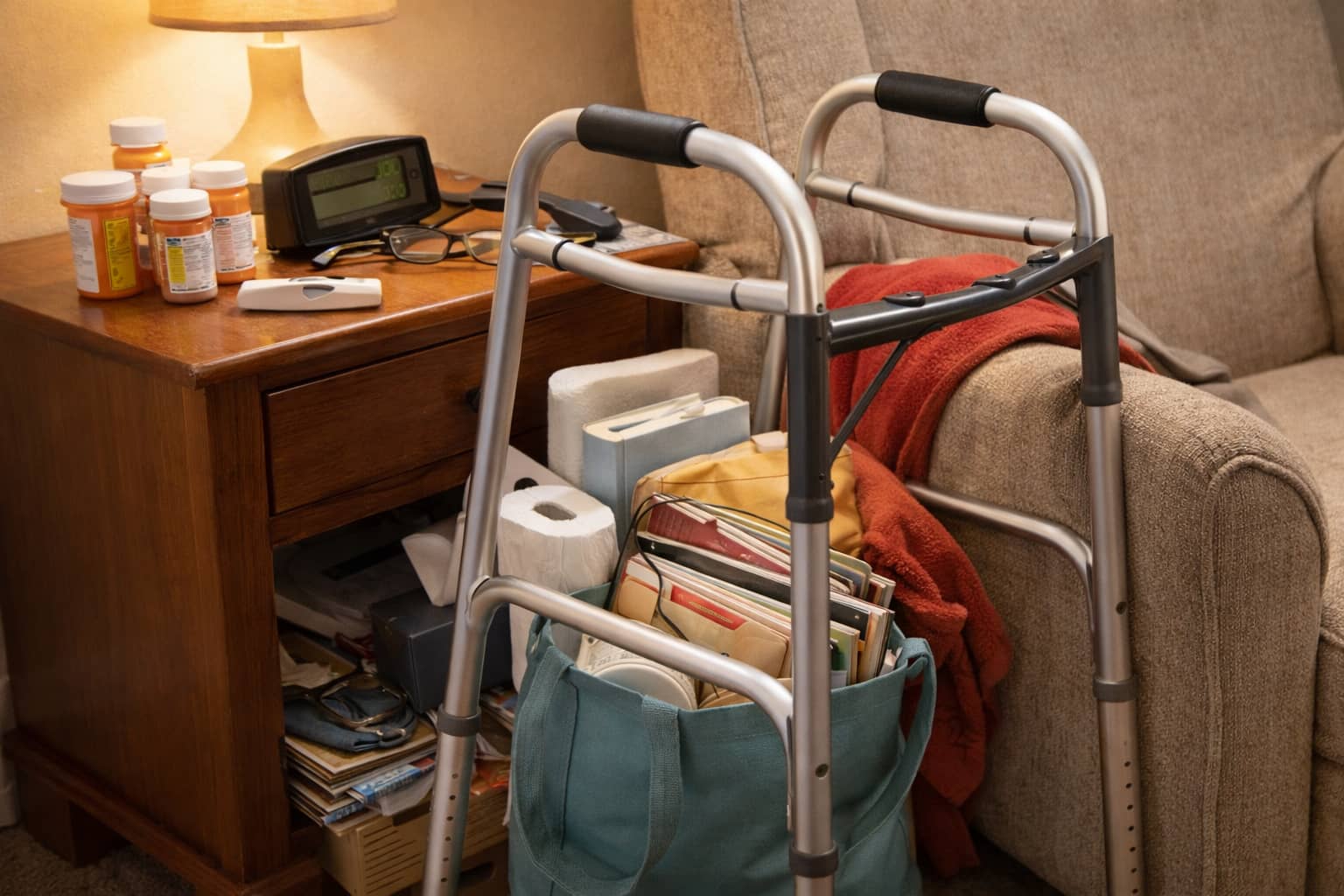 Walker or cane partially blocked by clutter near a chair or bed