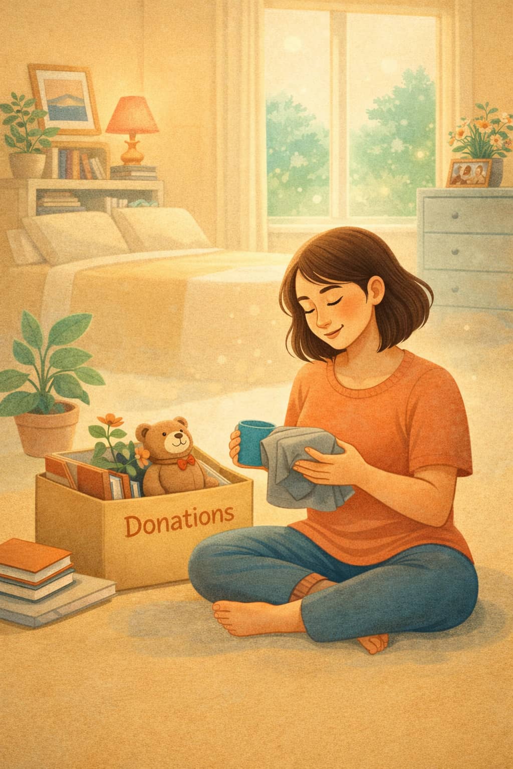 A warm illustration of a tidy room with a small donation box and a person smiling softly while letting go of a few items.