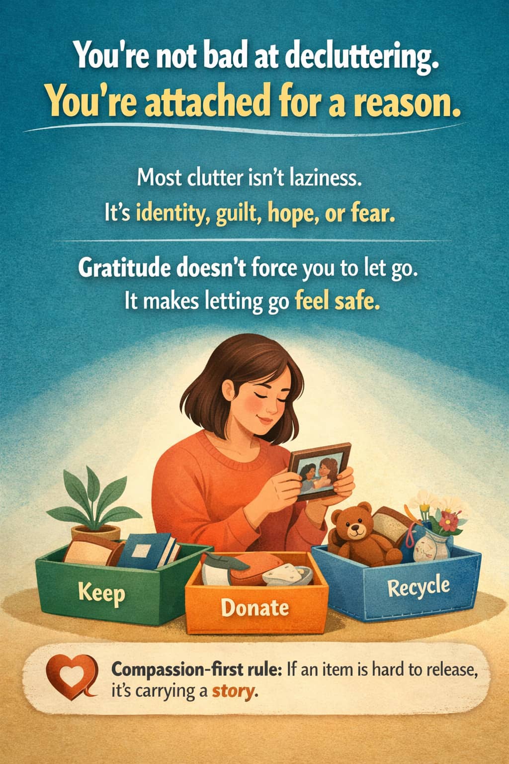 A bright, friendly illustration of a person calmly sorting items into keep, donate, and recycle piles with a warm, peaceful vibe.
