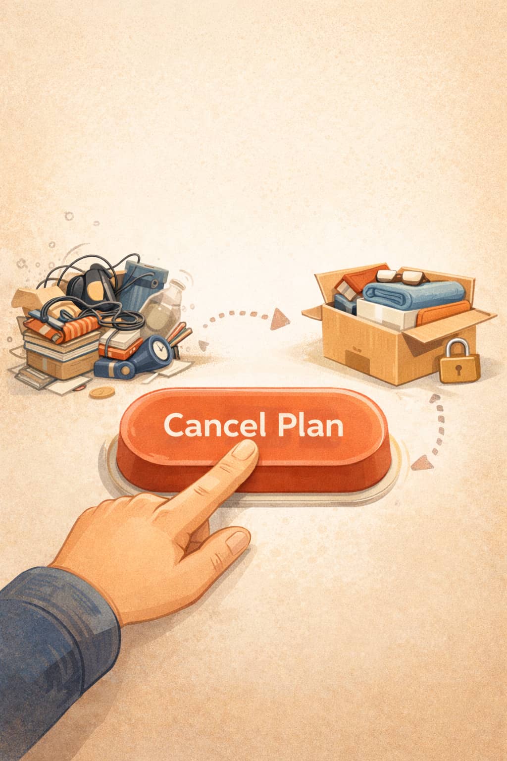 A friendly illustration of a hand pressing a big cancel button while a small pile of items turns into a tidy box.