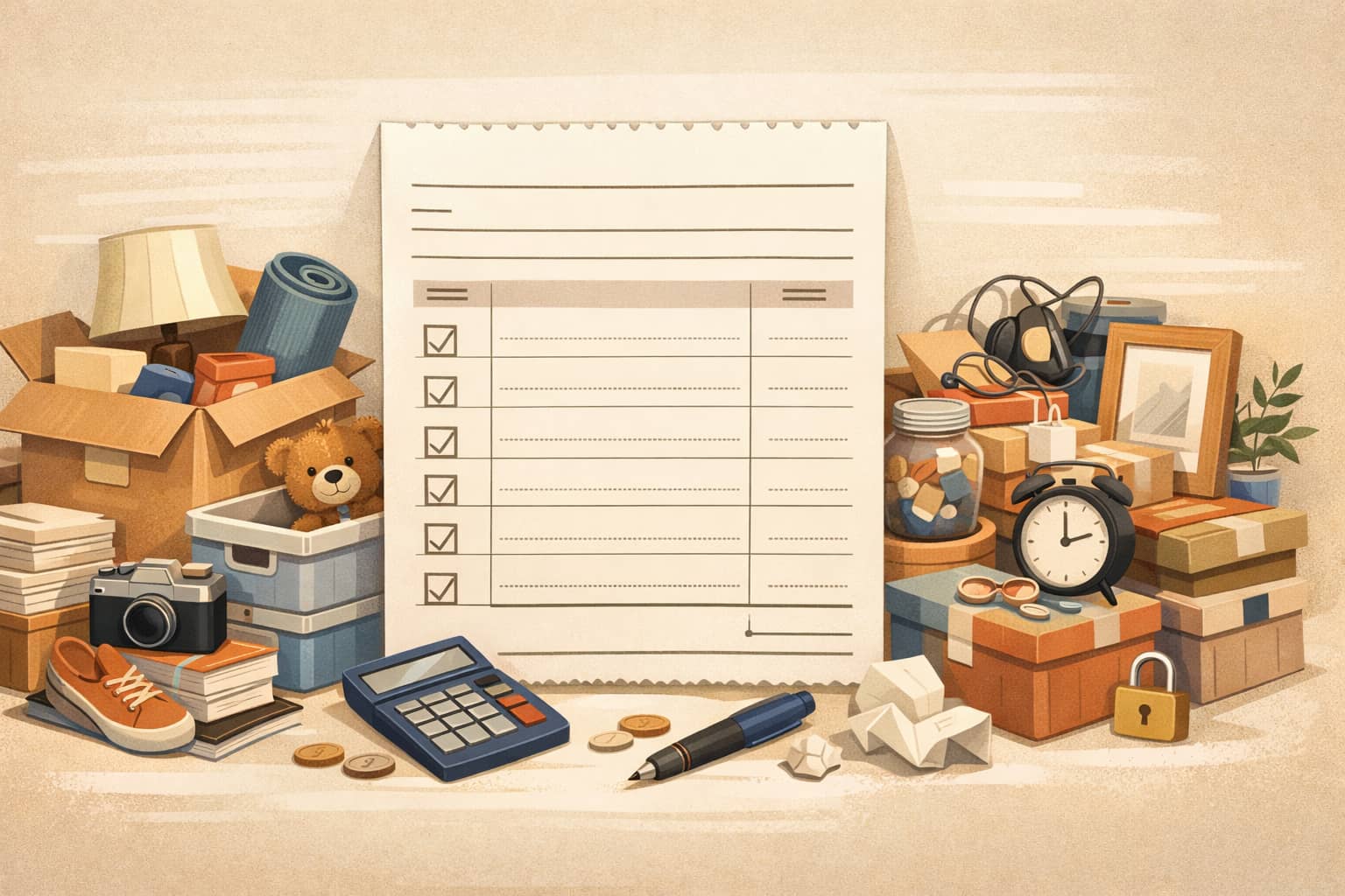 A warm editorial illustration of household clutter arranged like an invoice: boxes, drawers, and a receipt-style list.
