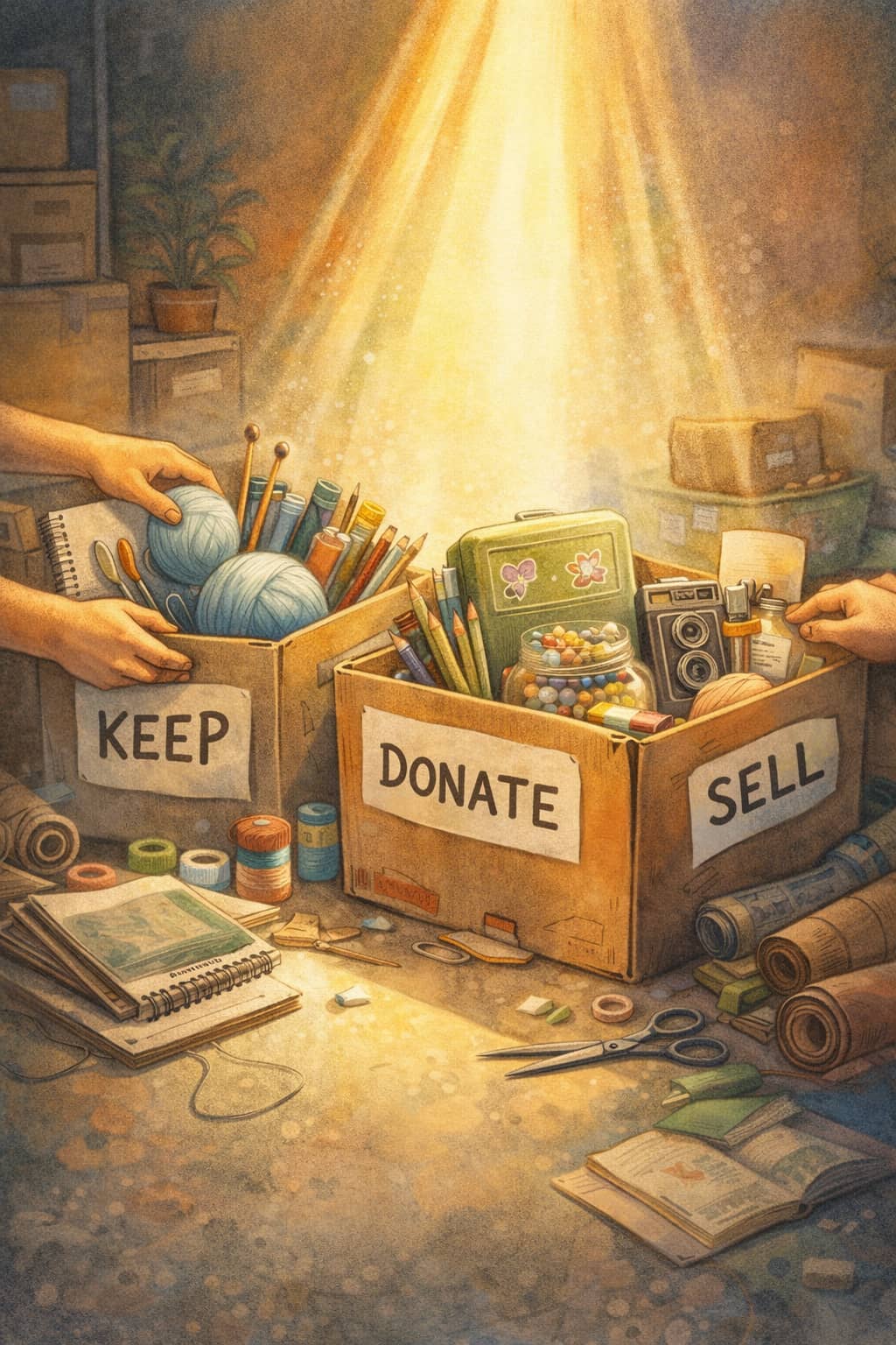 An illustration of hands sorting hobby supplies into keep, donate, and sell boxes with a calm beam of light.