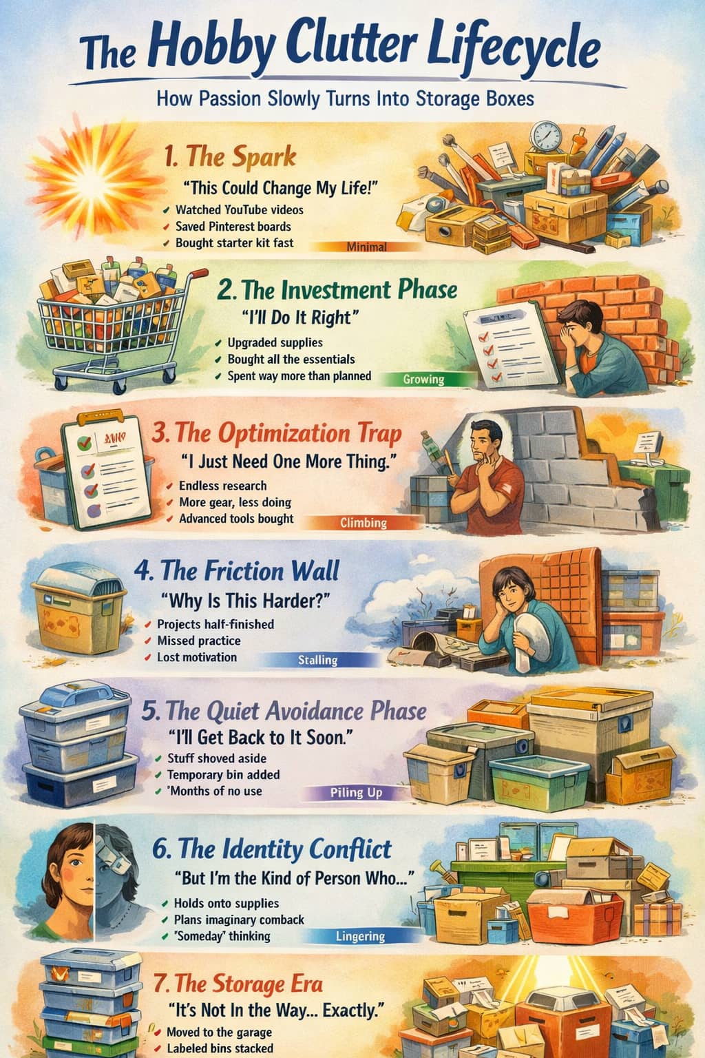 A warm illustration of hobby supplies gradually piling into labeled boxes on shelves.