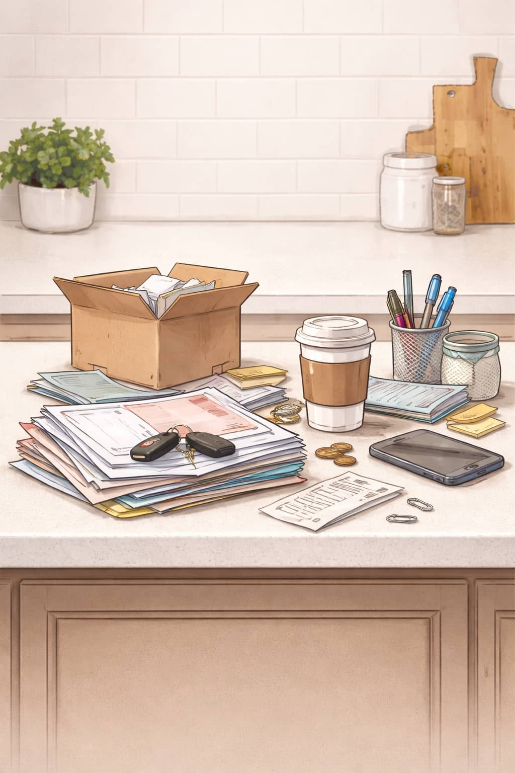 A counter that has become a full clutter hotspot with many mixed items.