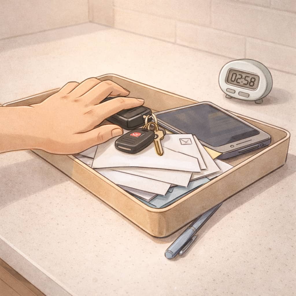 A quick sweep resetting a small surface at night.