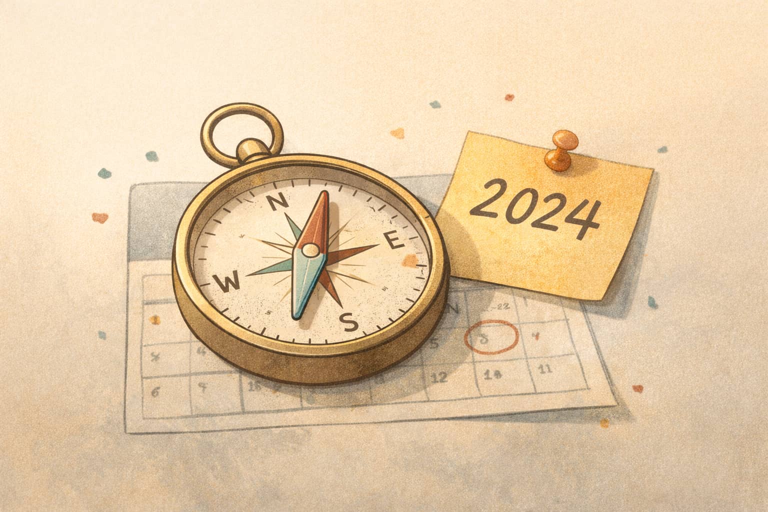 Illustration: a simple compass or calendar-themed image symbolizing 'this year' and direction, warm muted colors.
