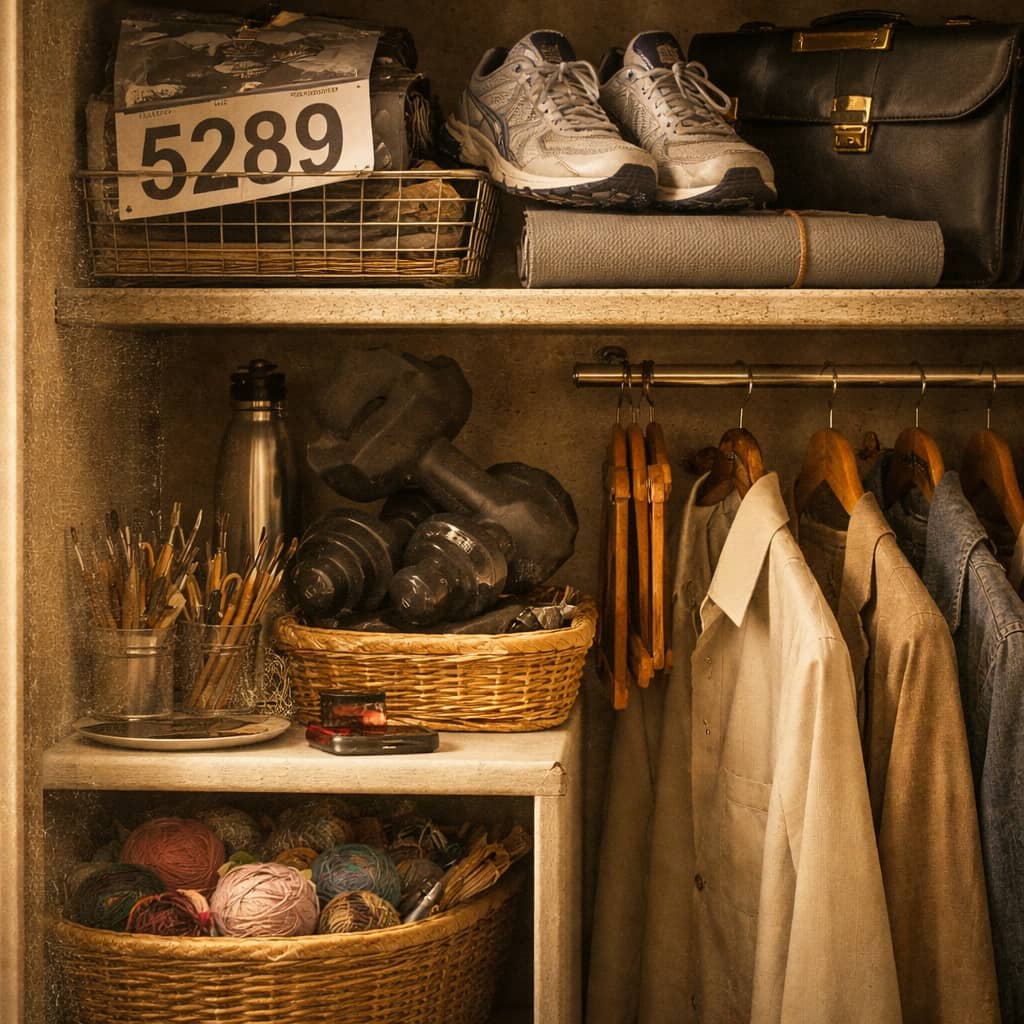 Illustration: a closet shelf with a few standout items that feel like 'past self' relics; calm, warm palette.