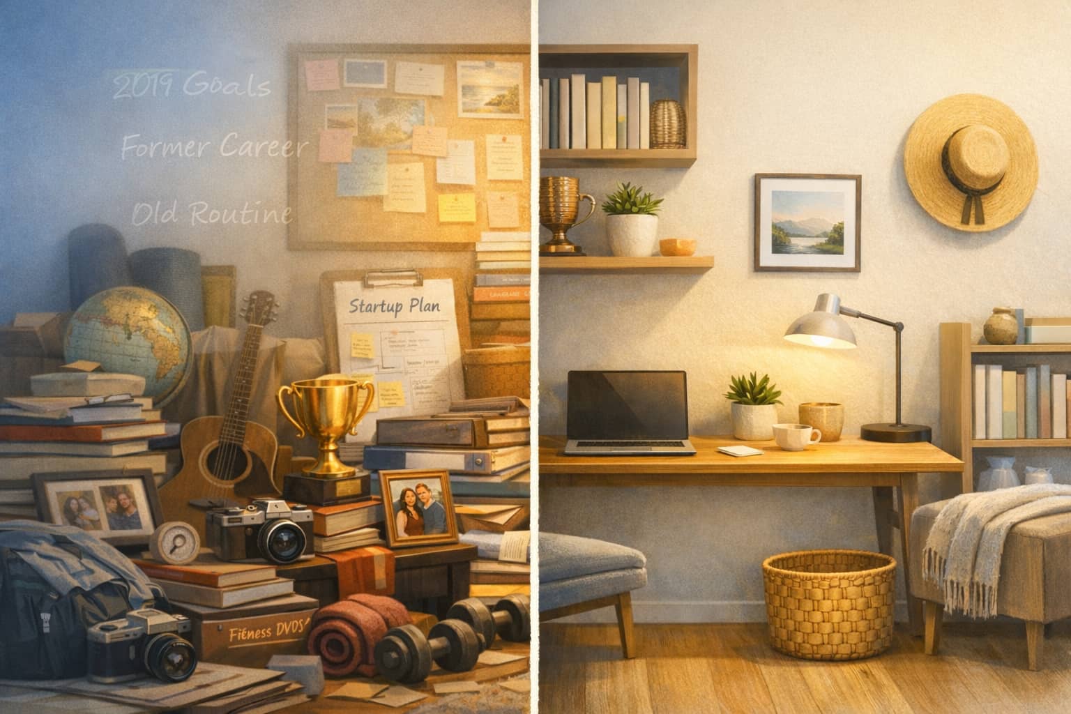 An illustration of a room split in half: the left side shows layered items and faint labels like past goals and routines, while the right side is lighter with fewer objects and more open space.