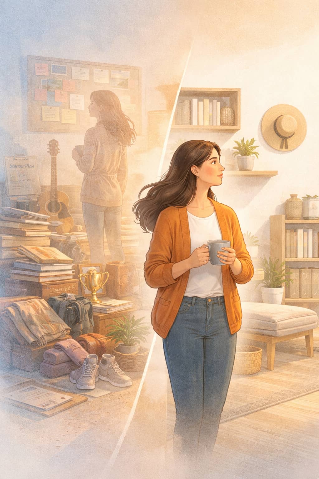 An editorial-style illustration of a calm room with a few meaningful items, while faint outlines of older belongings linger in the background.