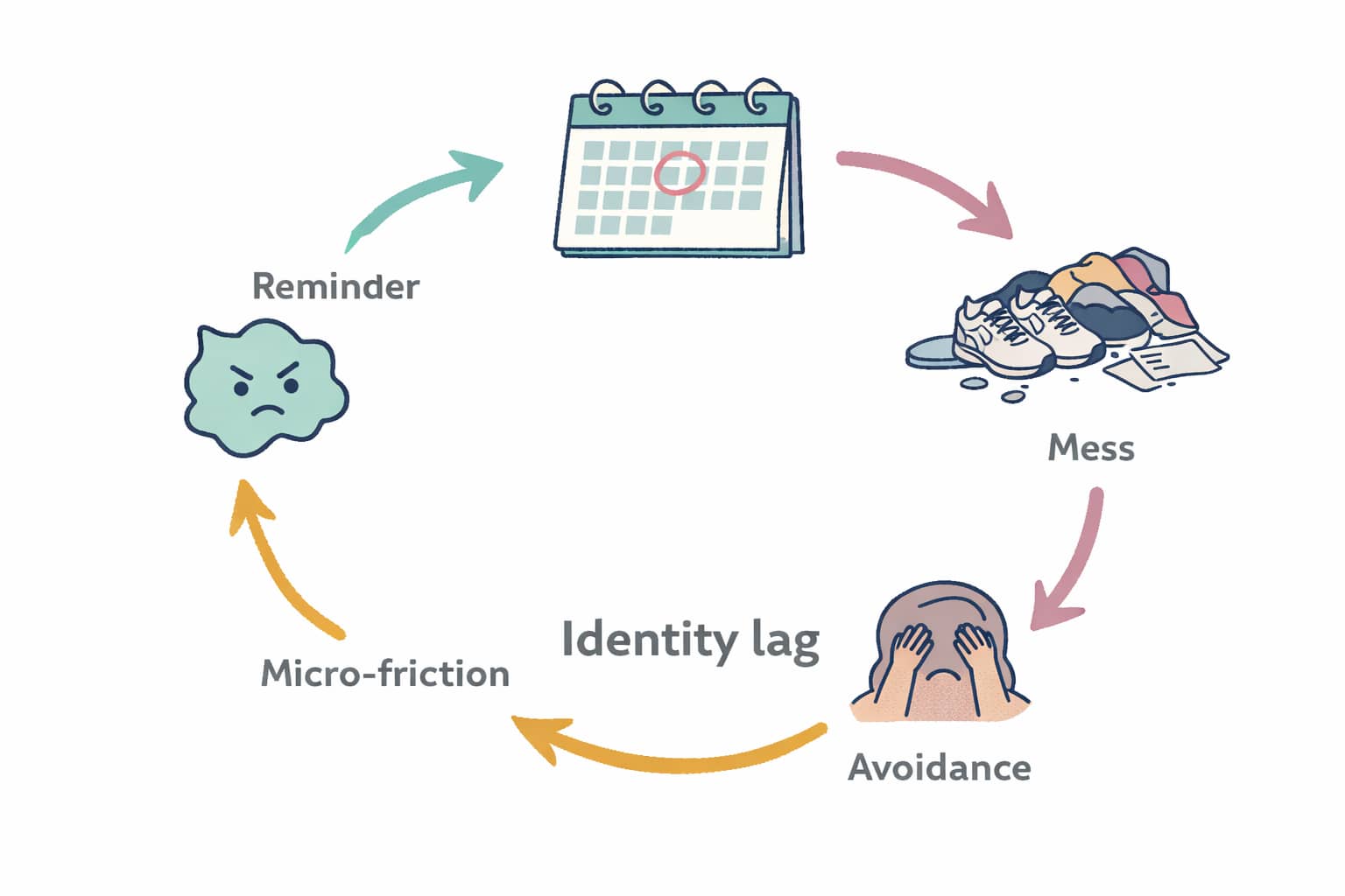 Simple illustration: a loop of arrows labeled reminder → micro-friction → avoidance → mess, with calm icons.
