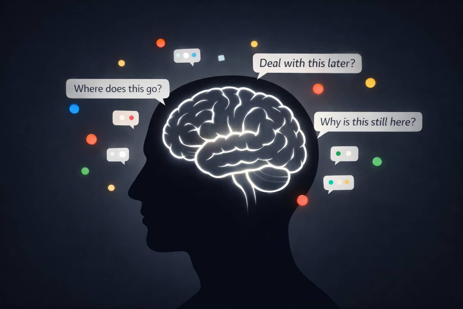 Brain silhouette with tiny notification dots around it