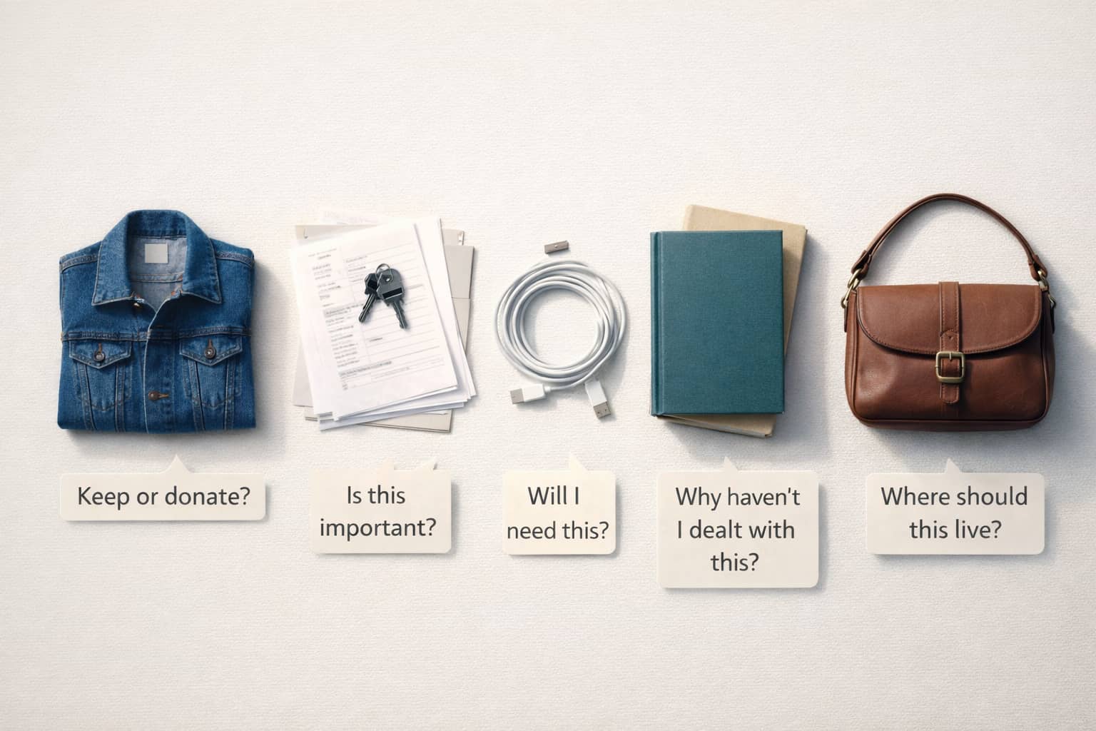 A neat grid of everyday items like jacket, papers, cable, book, and bag