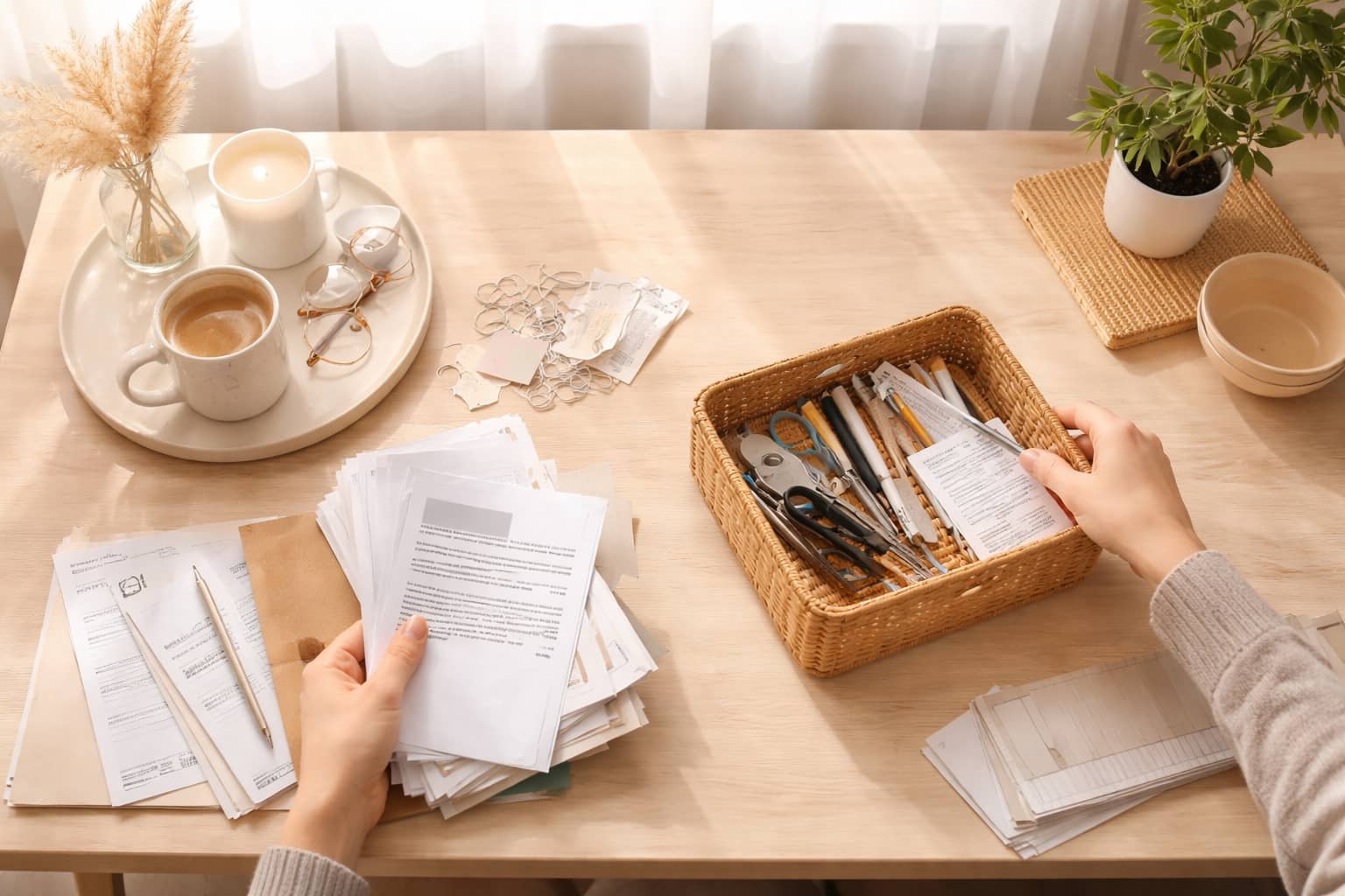 A small surface being reset: a tray, a mug, and a few papers mid-declutter.