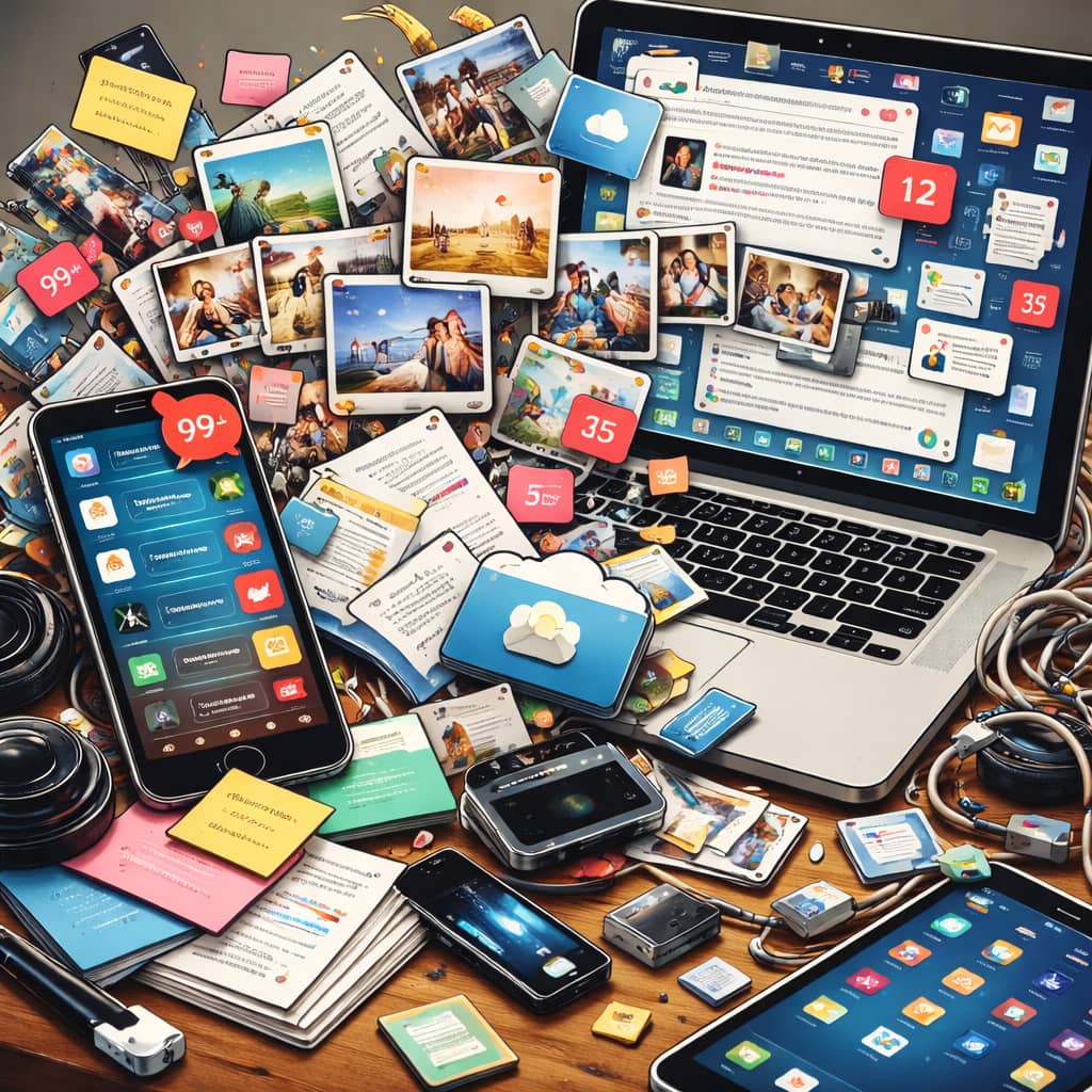 A visual metaphor of digital clutter: app icons, photos, files, and notifications