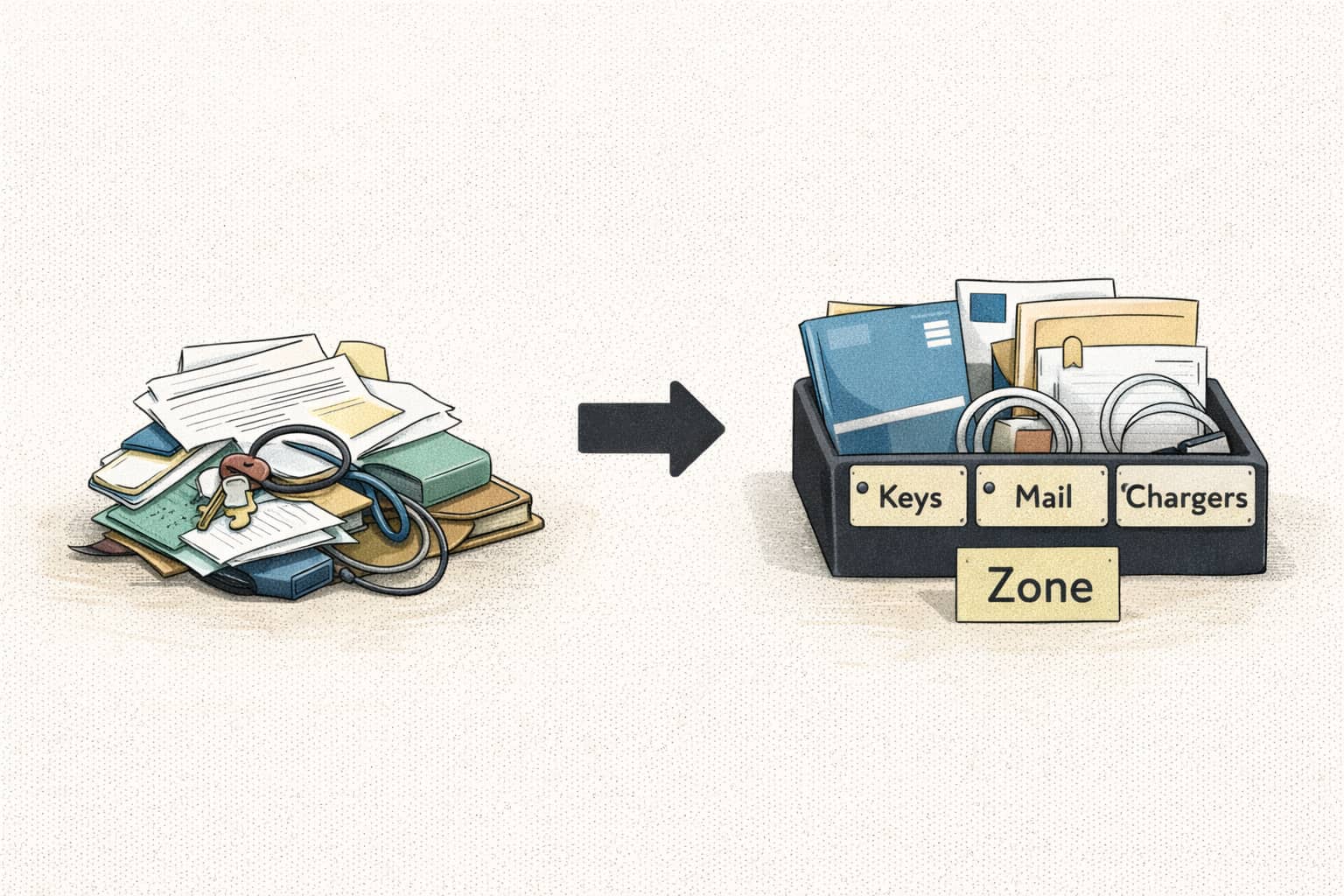 Illustration: a calm home scene with small clutter icons turning into labeled zones.