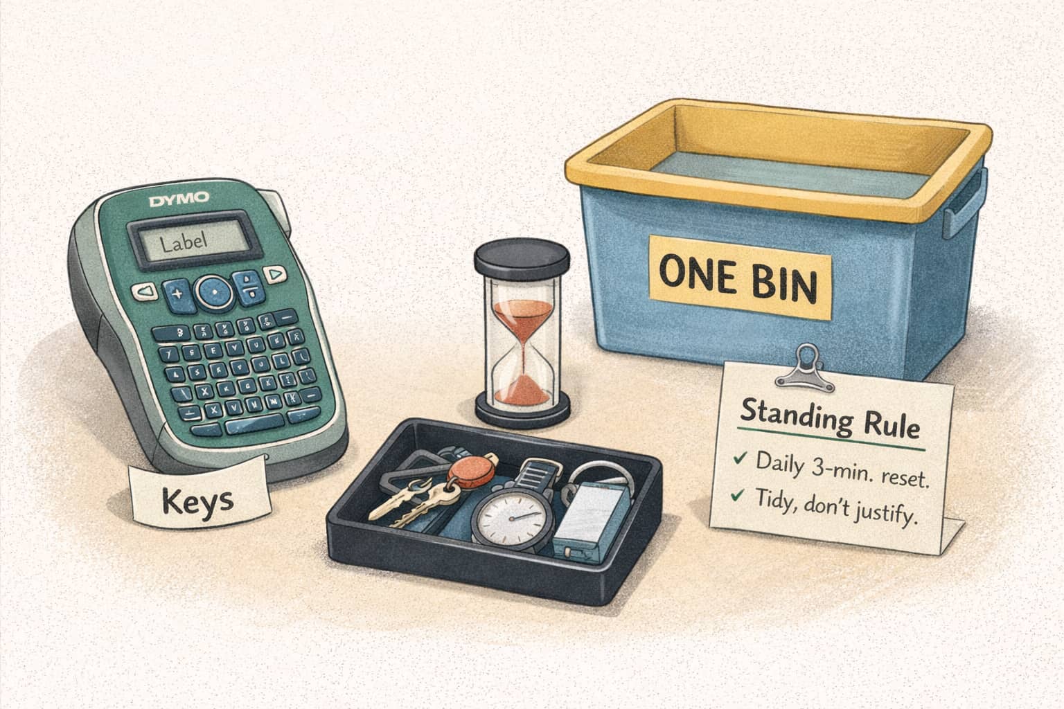 Illustration: simple toolkit of rules (labels, timer, tray, one-bin limit) in a calm, cartoon-ink style.