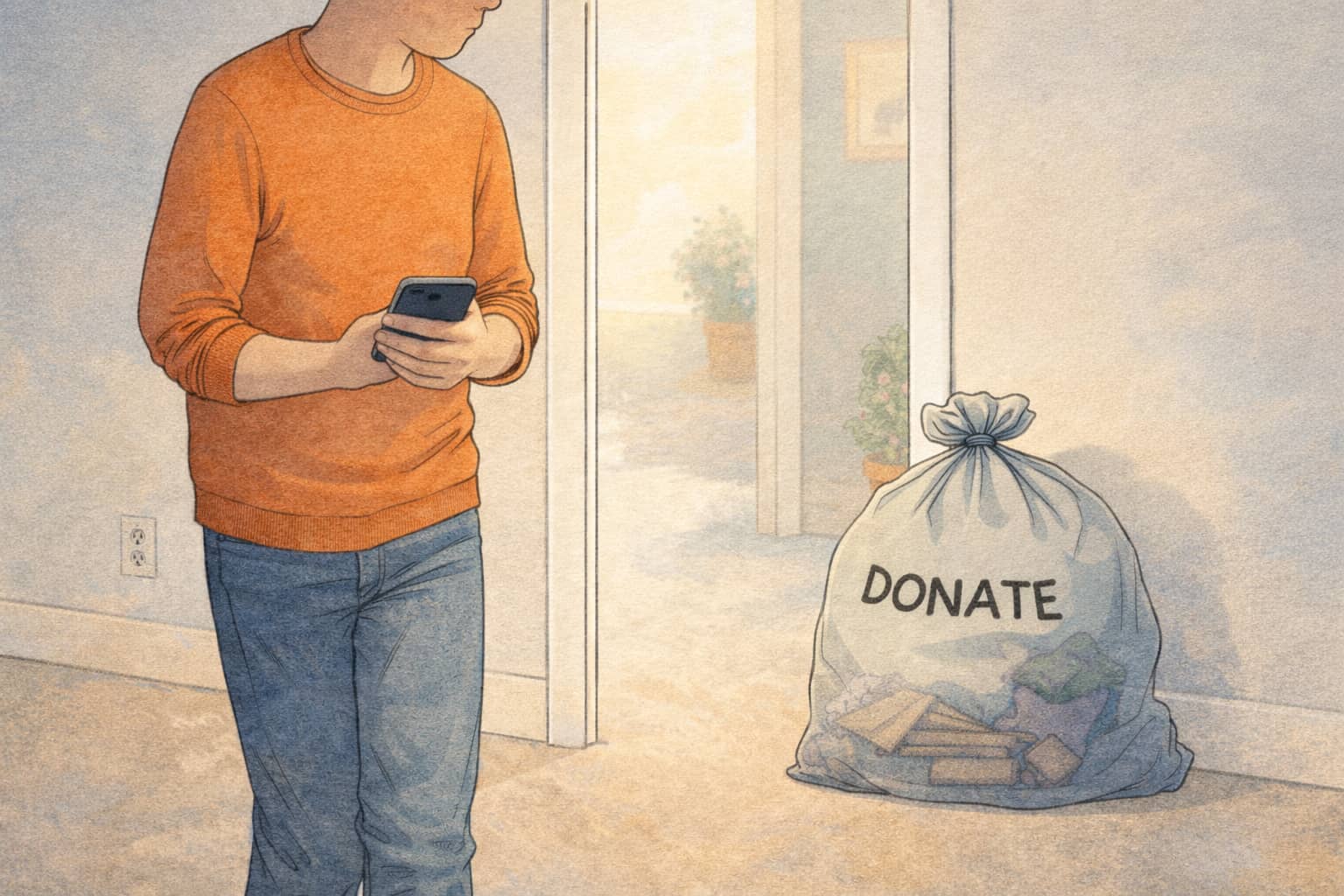 An editorial illustration of a donation bag near a doorway while someone politely avoids looking at it
