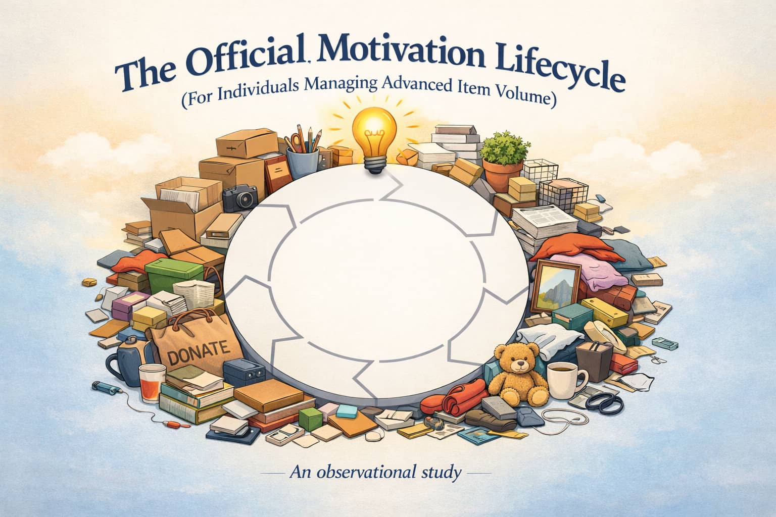 A calm editorial illustration of a person in a cozy room, surrounded by labeled bins and small clutter icons swirling in a gentle circle