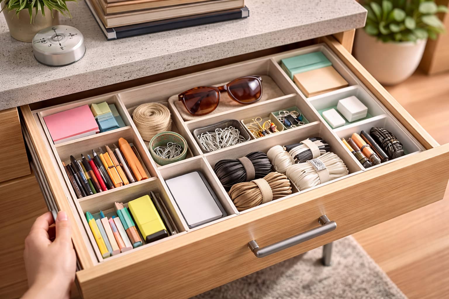 A single drawer pulled open and organized, standing out as a small win