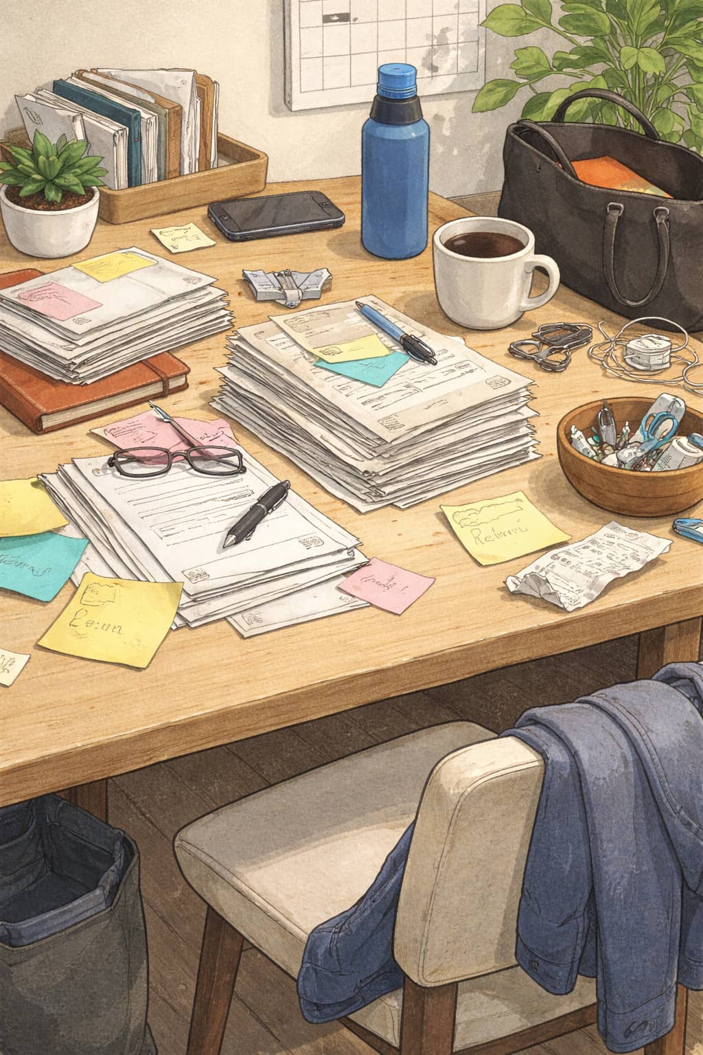 A desk with mixed piles and sticky notes layered across the surface