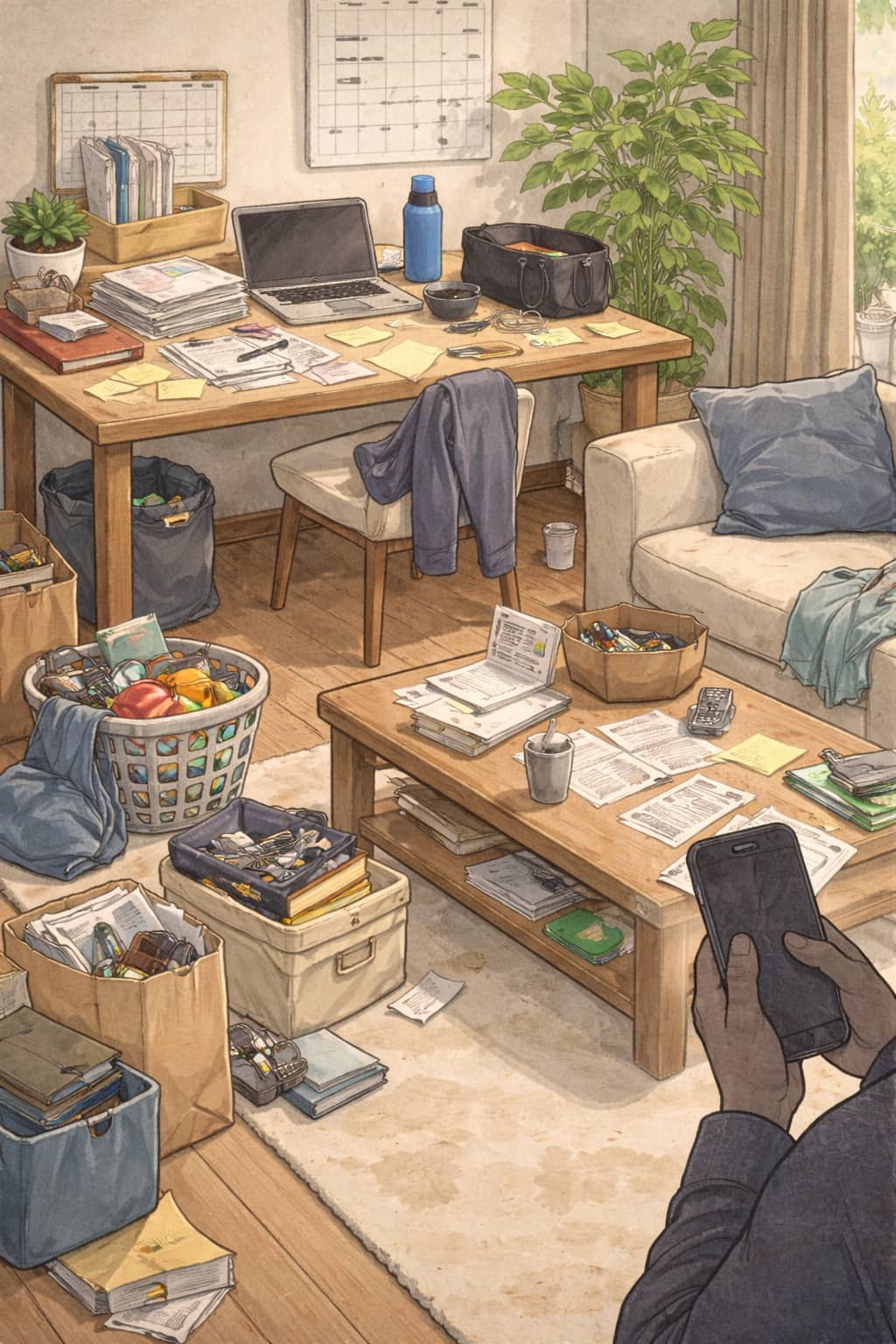 A visibly cluttered room with a person silhouette holding a phone