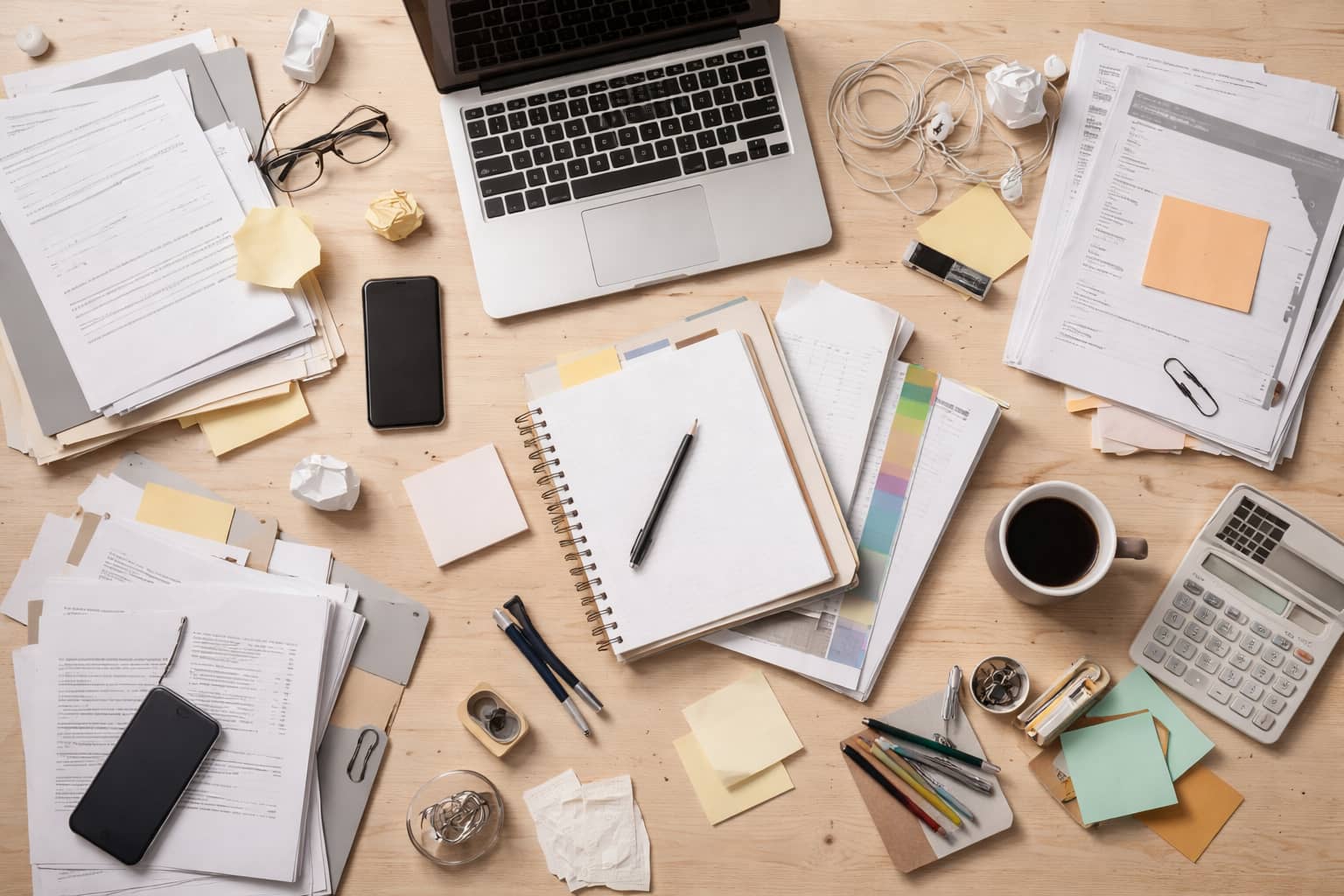 Top-down view of a desk environment
