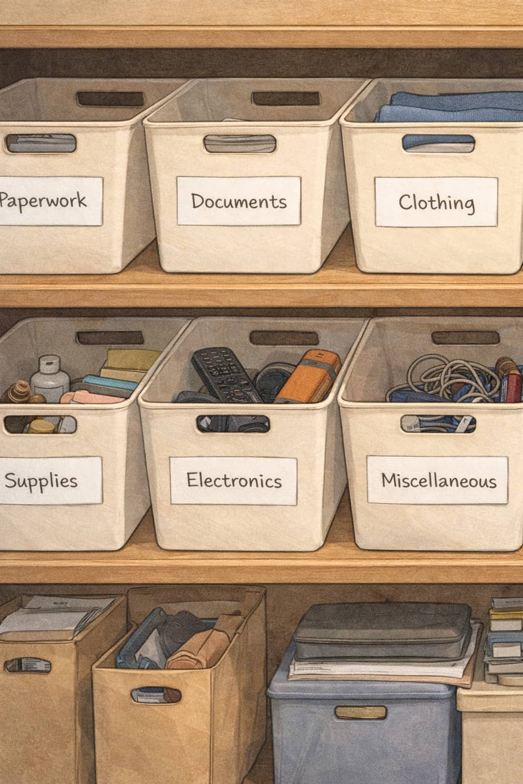 A set of neatly labeled storage bins on shelves