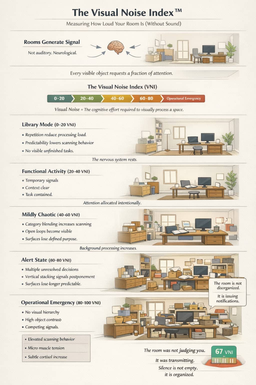 Illustration of a room where everyday objects emit gentle signal lines toward a small brain icon.