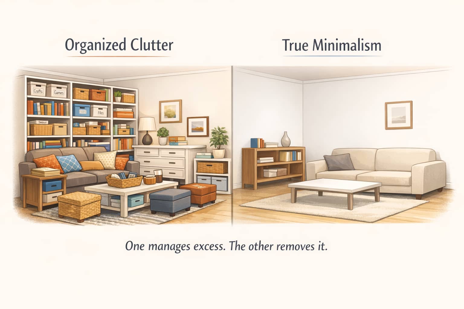 Two rooms with the same square footage: the left room is filled with labeled bins and full shelves; the right room has fewer objects and more open space.