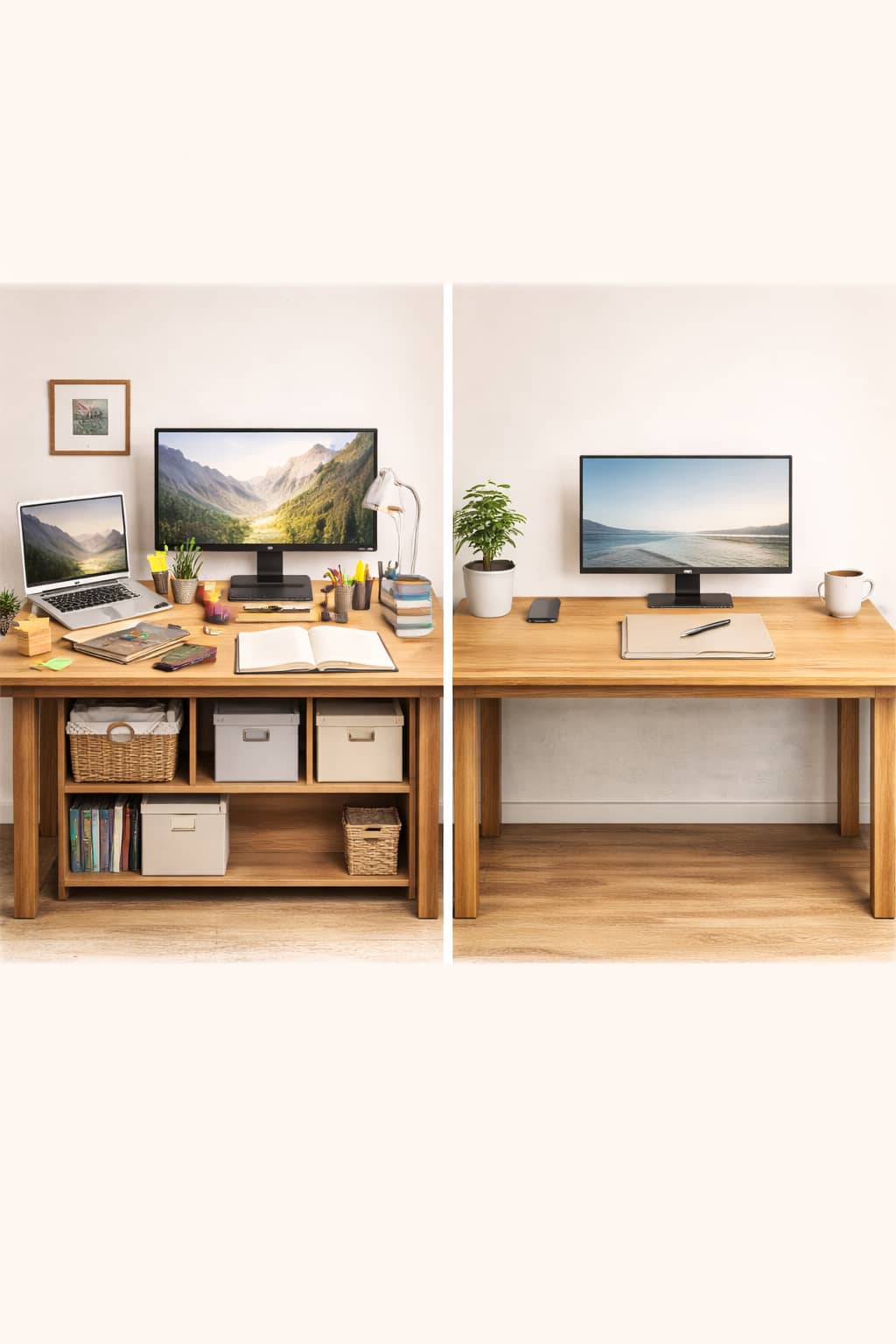 Two tidy desks side-by-side: one has many neatly arranged items, the other has only a few.