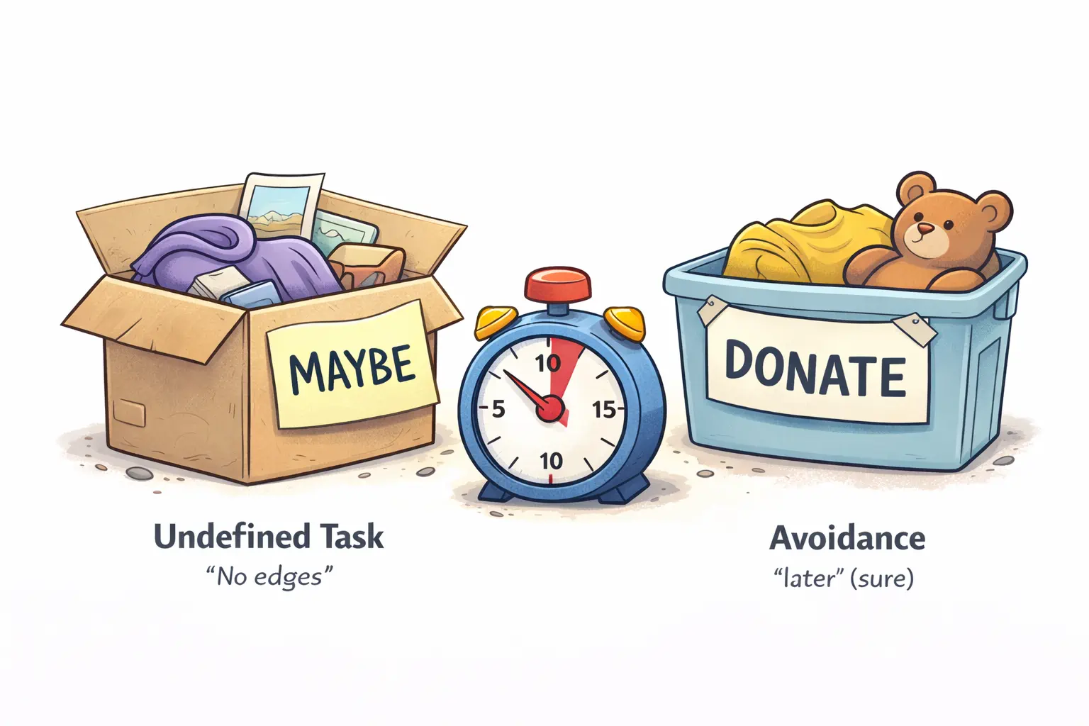 Illustration: timer, box, and labeled bins to represent containment tools.