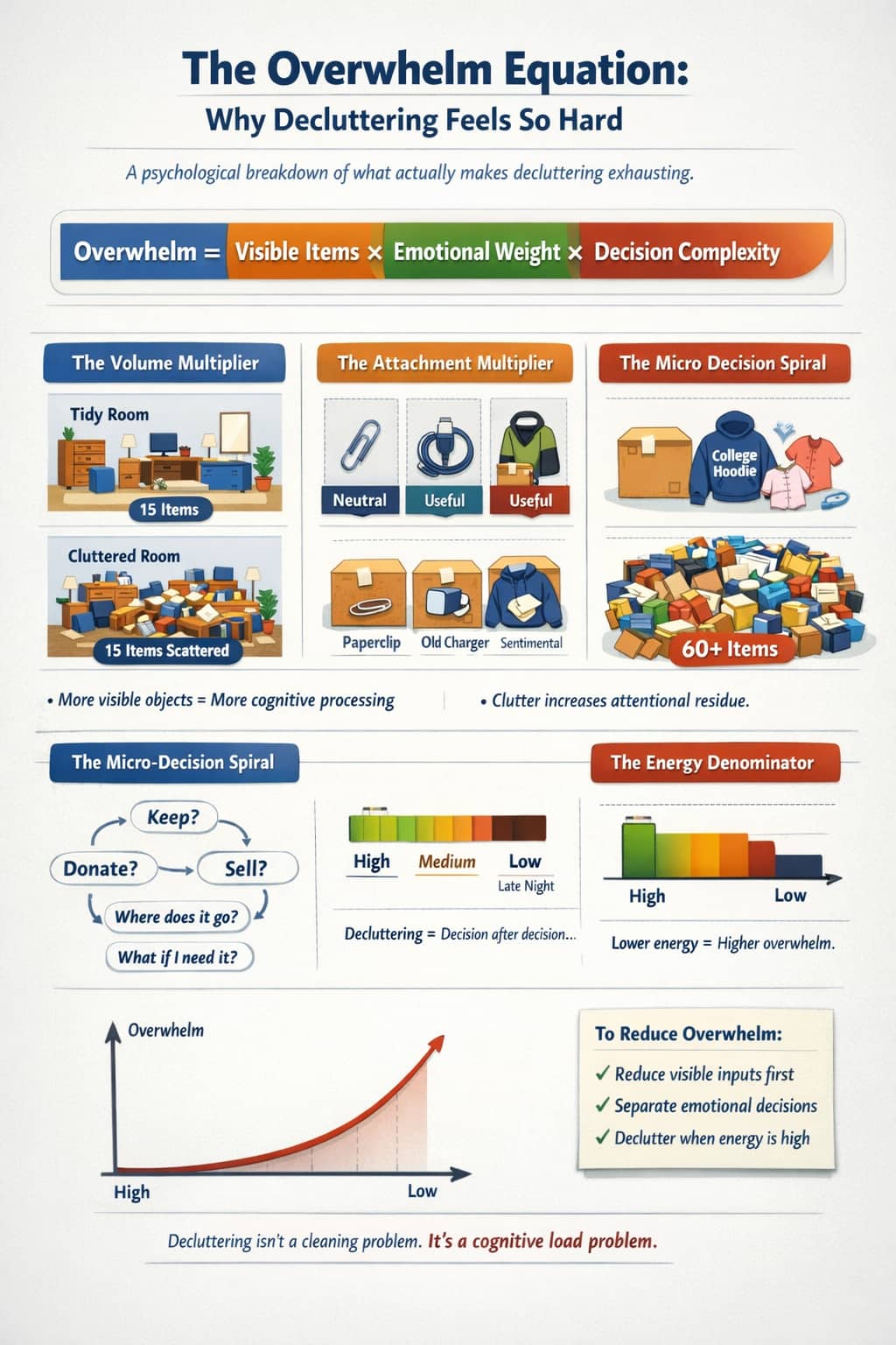 A calm, colorful illustration of a room with tidy zones and a few clutter hotspots, showing how visual noise competes for attention.