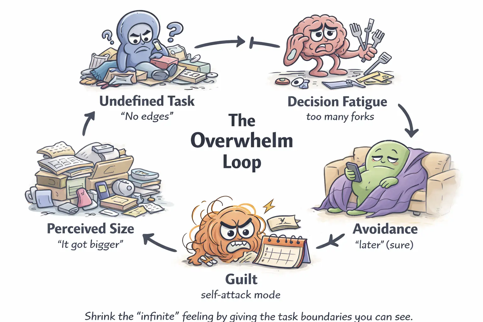 Illustration of the overwhelm loop with a circular flow and icons.